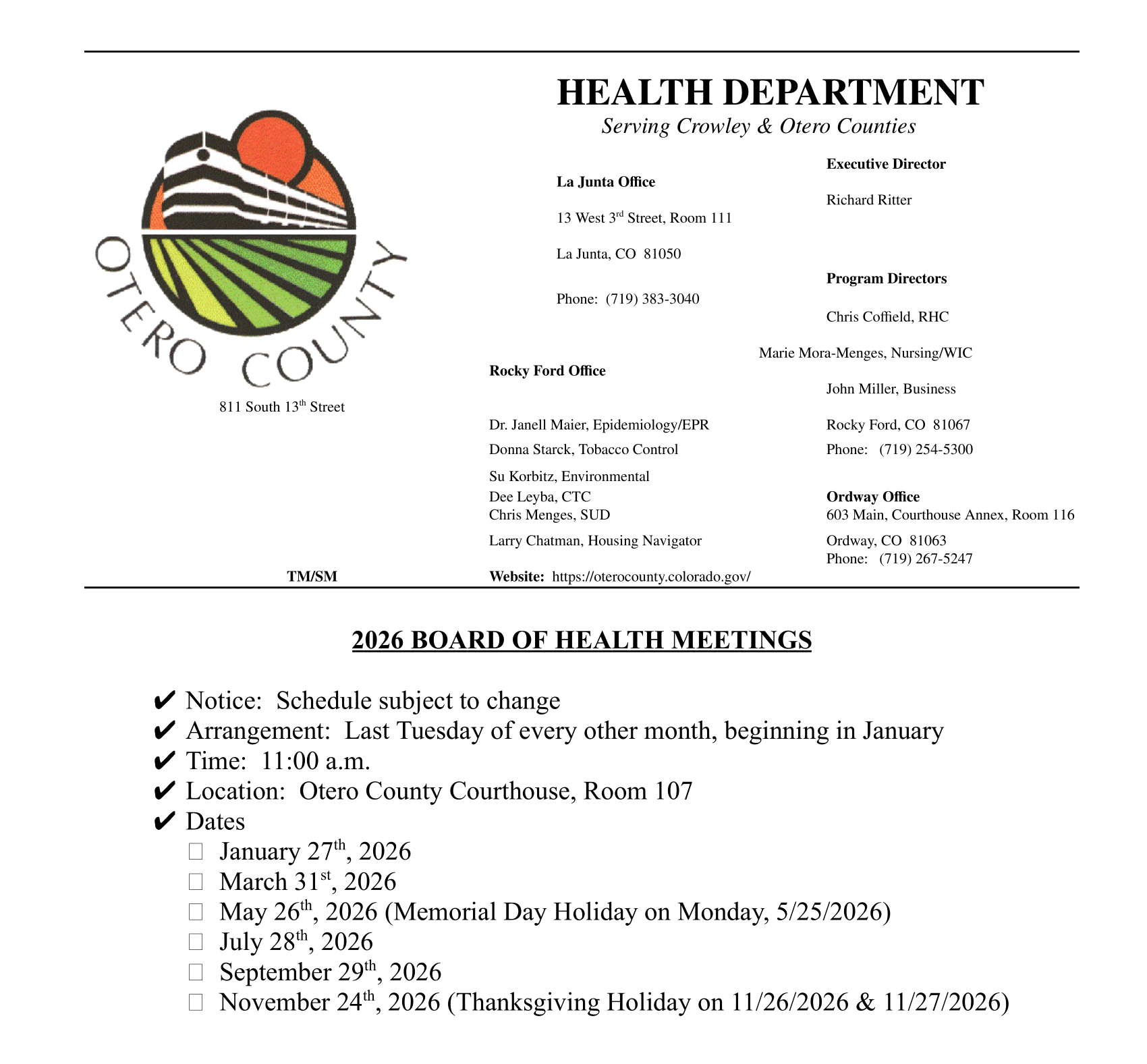 Board of Health Meetings 2026