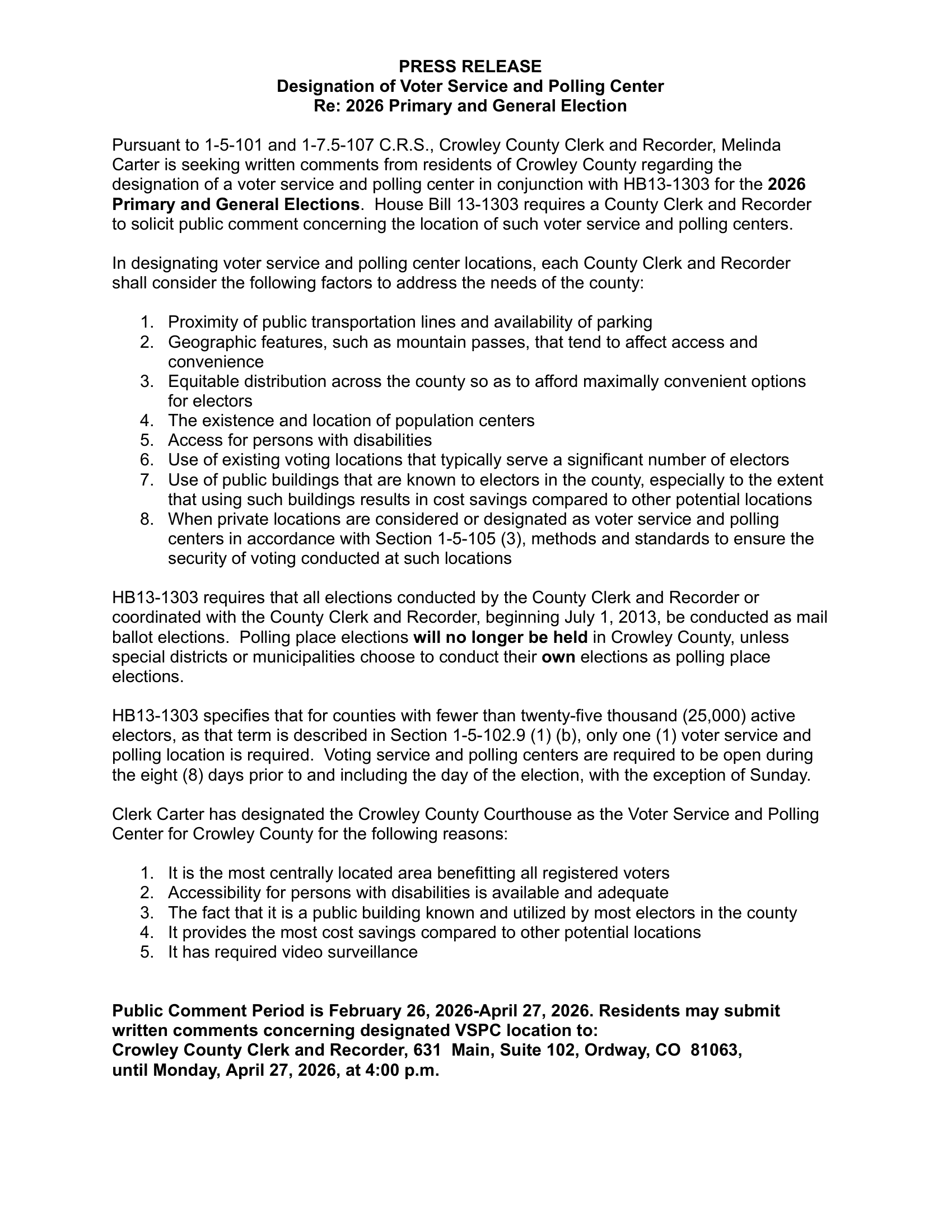 Designation of Voter Service and Polling Center - Press Release