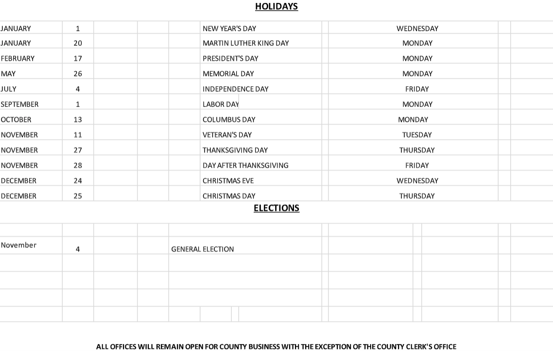 Commissioners Calendar Holidays & Election Dates